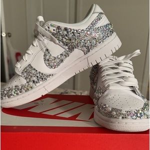 Blinged out all white Nike Dunks